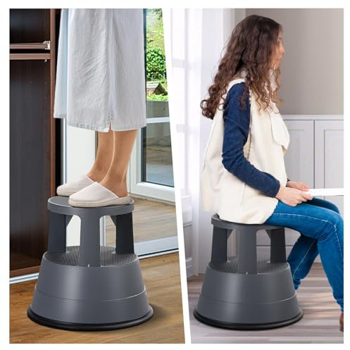 SPORFIT BETTARY Rolling Step Stool with Wheels, Kick Step Stool with 330 LBS Weight Capacity, Kitchen Step Stool with Non Slip Platform for Home Office, Library, Grey, Gray, XDY-550
