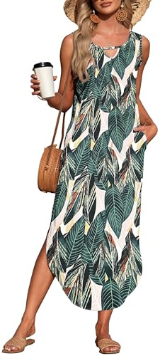 AUSELILY Womens Summer Maxi Dress Halter Sleeveless Beach Sun Coverup Tank Holiday Split Dress with Pockets Leaf Print XL