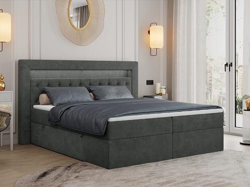 MKS MEBLE Boxspringbett 140x200 mit Led Grau, Bett 140x200 mit LED Kopfteil, Multipocket Matratze H4, Doppelbett mit Bettkasten Stauraumbett - Gold-6 - Dunkelgrau Struktur