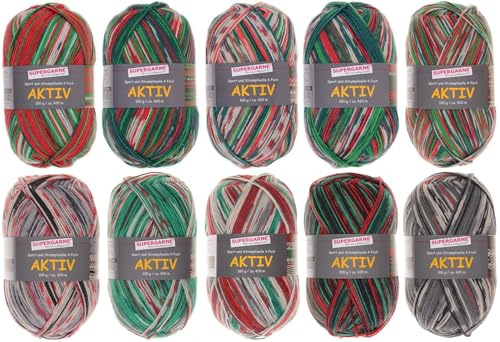 SUPERGARNE Sockenwolle Aktiv 4-fädig – 1000 g (10x100g), Strapazierfähig, Maschinenwaschbar, Made in Italy, Ideal für Socken und Strickprojekt (Christmas)