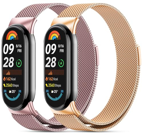 CHANRASI 2 stycken metallarmband kompatibla med Xiaomi Mi Band 10/9/8, herr och dam, rostfritt stål av metall, kompatibelt med Xiaomi Mi Band 10/9/8, roséguld