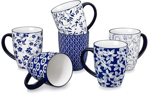 vancasso 16oz Selene Mugs Set of 6, 480ML Large Ceramic Coffee Cups for Tea, Latte & Cappuccino, Vintage Blue and White Drinkware Gift Set, Microwave & Dishwasher Safe