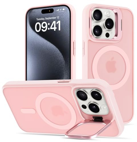 nicekool Cover per iPhone 15 Pro Max Compatible avec MagSafe con Cavalletto, Magnetica Custodia con Supporto FotocameraRegolabile Integrato Traslucida Opaca Posteriore Sottile Antiurto Case, Rosa