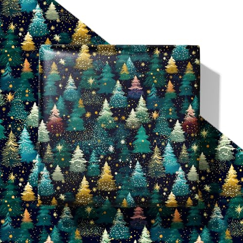 SaringSwoon Christmas Tree Wrapping Paper for Kids Adults - Xmas Wrapping Paper with Starry Night Sky, Christmas Trees and Stars Designs for Winter Holiday - 40×28 Inches, 4 Folded Sheets
