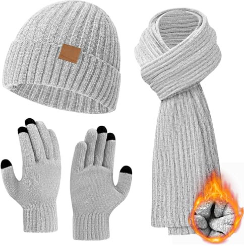 Hellgrau Mütze Schal Handschuhe Set für Damen und Herren - Touchscreen Winterhandschuhe, Wintermütze, Winterschal - Geschenke für Frauen zu Weihnachten