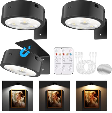 Tututry Picture Lights for Wall, Rechargeable 2000mAh Battery Magnetic Poster Lights with 3 Color Temps, Remote Dimmable Timer Painting Light, Wall Decor Light for Art Display, Frame (3 Pack)