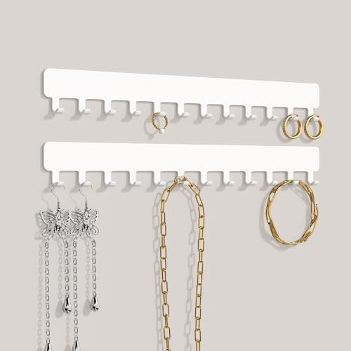 Josmimic Wall Mounted Necklace Holder - Adhesive Jewellery Hooks for Necklaces, Bracelets, and Rings - Easy Installation Metal Hanger Organiser, White