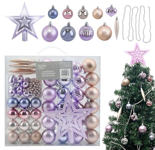 Daniel James 50-Piece Christmas Baubles Set – Shatterproof Hanging Baubles with Bead Chain & Star Tree Topper - Christmas Tree Decorations & Xmas Ornaments - Blush Pink