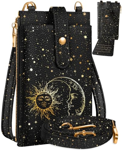 Miss Adola Handytasche Crossbody für Frauen – Leder Handytaschen Schwarz Sonne Mond Damen Handy Geldbörse Tasche mit Schultergurt Niedlich Designer Ästhetik Handy Geldbörse