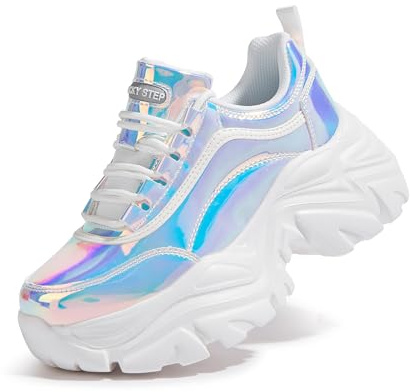 LUCKY STEP Dam Mode Tjocka Sneakers, Läder Pappaskor med Vinkelsula för Daglig Användning (White Hologram, 11US-42EU-9UK)