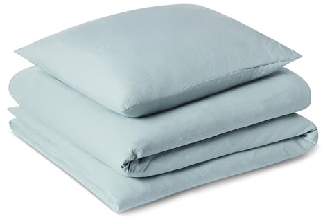 Amazon Basics Bettwäsche 135x200 2teilig Vorgewaschene Mikrofaser, Extra Weich mit Knitter-Look, Bügelfrei, Bettbezug 135x200 cm & 1 Kissenbezug 80x80 cm, Blau