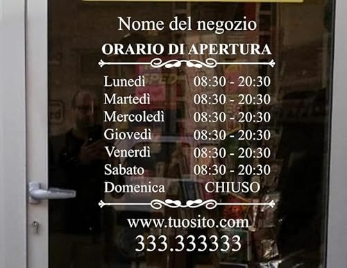 Orari di apertura adesivo PERSONALIZZATO serie TIME per vetrine negozi, uffici, bar, ecc