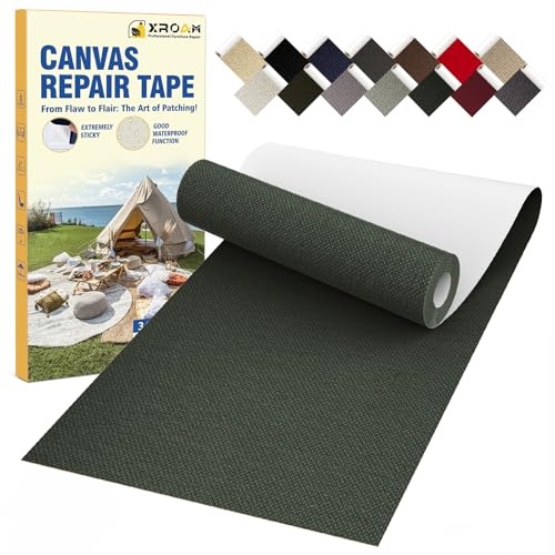 Xroam Canvas Repair Tape, 8 x 160 cm Waterproof Fabric Tape for Furniture, Self Adhesive Canvas Patches for Boat Covers, Sofas, Tents, Louge Chairs, Canopy, Awning Dark Green