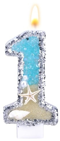 Vela con Número de Temática Playera, Adorno para Tarta Cumpleaños Playera Concha Estrella Mar Lentejuelas Velas con Número para Decoración Tartas de Cumpleaños (1)
