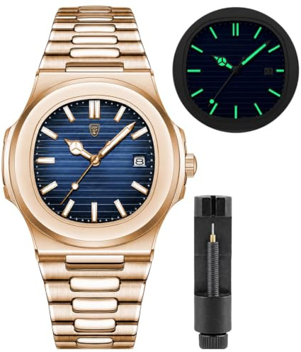 Gosasa - Orologio da uomo alla moda, in acciaio inox, movimento al quarzo, luminoso, impermeabile, con display analogico