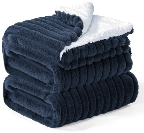 BEDELITE warme Decke Sherpa Kuscheldecke Flauschig Dunkelblau 230x270 | dicke Deko Fleecedecke, Cord Überwurf für Wohnzimmer und Schlafzimmer, weiche Wohndecke, Tagesdecke, das ideale Geschenk