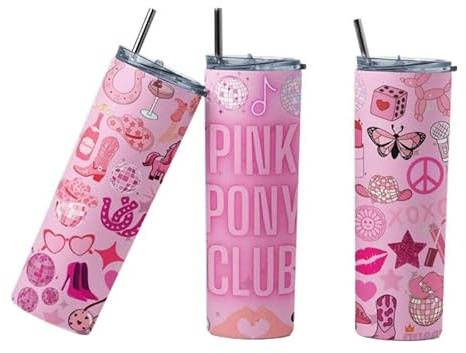 LK22Designs, Pink Pony Club Inspired Tumbler, 600ml Stainless Steel, with Lid and Straw