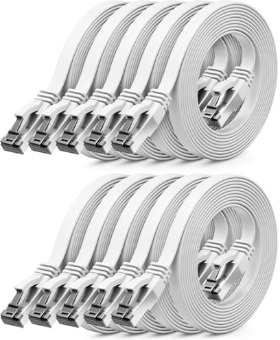 deleyCON 10x 1m CAT 8 Cable Red Plano (40 Gbit/s, Cobre) Gigabit Ethernet LAN - Cable Plano Delgado Largo - Conector RJ45 para CAT8 CAT7 CAT6 - Blanco