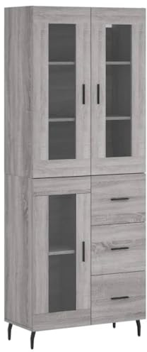 ModernGrey Plywood High Sideboard with Oak Brown Accents Premium Living Room Storage Cabinet Space Saving Kitchen Drawers 69.5 cm Width (Grey)