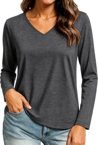 Wayleb Long Sleeve T Shirts for Women UK V-Neck Fitted Lightweight Cotton Casual Top Going Out Street Shirt Basic Tee Dark Grey S-3XL
