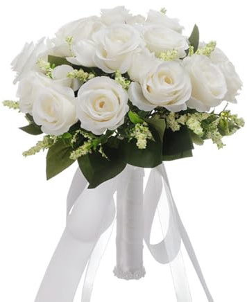 Xiyocadt Brautstrauss and Handgelenk Rose, Stil Weiß Gefälschte Rose Braut Bouquet Blume mit Strass, Perlen Brautstrauss Hochzeit, Blumenstrauß, Geeignet für Hochzeiten, Partys (weiß,1pcs)