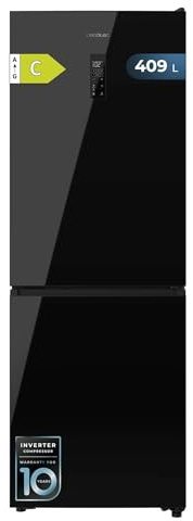 Cecotec Frigorífico Combi 409L Total No Frost Bolero CoolMarket Combi 409 Black Glass C. Altura 185cm, MAX INSIDE con VIP Tech, Compresor Inverter Plus, Bajo Consumo, Cajón Temperatura Variable