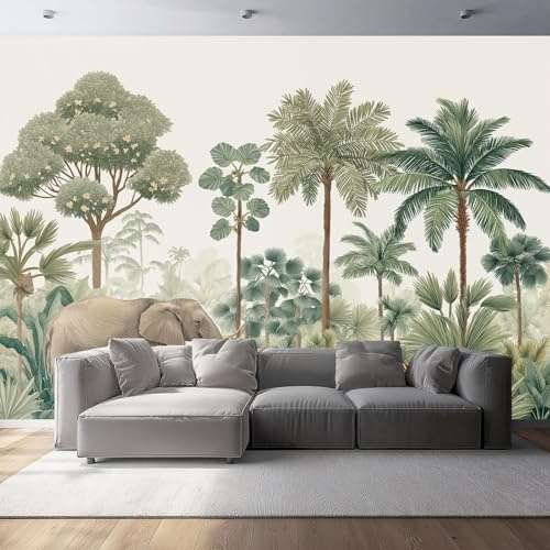 Fotomurales Elefante de la selva con tigre Papel pintado tejido no tejido decoración Pared decorativos 350 x 256 cm Sala Cuarto Oficina Salón Decoración Casa Verde marrón