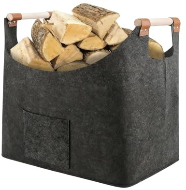 Lyivisk Holzkorb für Kaminholz Kaminholzkorb aus Filz mit Tasche, Großer Holzkorb für Kaminholz und Aufbewahrung im Innenbereich, Faltbarer Lieblingskorb für Holz, Zeitungen und Spielzeug, Dunkelgrau