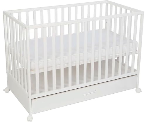 Unique Nature Little Heart Babybett weiß 120x60 cm mit Schublade – höhenverstellbarer Lattenrost, 3 Schlupfsprossen, umbaubar zum Kinderbett, Außenmaß 123x65x87 cm