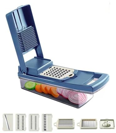 Hixingo Cortador de Verdura Multifuncional Rallador de Verduras con 8 Cuchillas Afiladas Intercambiables Accesorios Cocina Profesional - Cortador de Patatas Tomates Pepinos Frutas (Azul,Talla única)