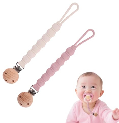 Catenella Ciuccio, 2 Pezzi Catenella Portaciuccio, Catenella Ciuccio Silicone, Porta Ciuccio Femmina, Senza BPA, Progettazione Integrata per Ragazzi e Ragazze(Bianco + Rosa)
