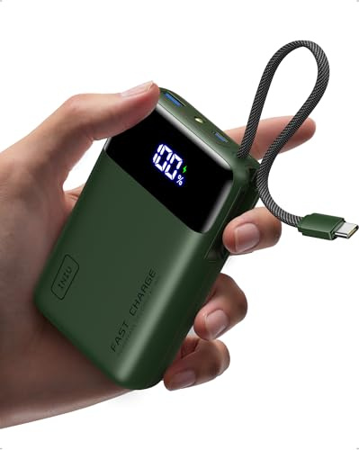 INIU 45W Power Bank, Ultrakompakt 20000mAh Powerbank med Inbyggd USB-C-kabel, Snabbladdande Externt Batteri, Godkänd för Flygplan, ett Måste på Resan för iPhone 17 16 15 Samsung S26 Xiaomi iPad, Grön