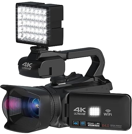 SXYGYWA Full 4K UHD 60FPS Videocámara Vintage For Transmisión En Vivo Vlog 18X 64MP Cámara De Video Grabadora Digital Pantalla Giratoria 4 Imágenes Nítidas Detalladas(with 256G,with Light)