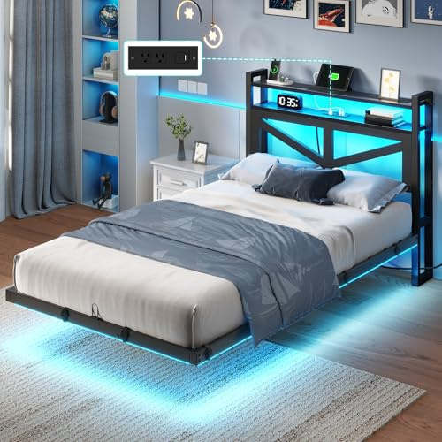 DWVO Twin Size Floating Bed Frame with RGB LED Lights and Charging Station, Upholstered Platform Bed Frame with 2-Tier Storage Shelf Headboard, Solid Metal Slats, Noiseless, Easy Assembly, Black