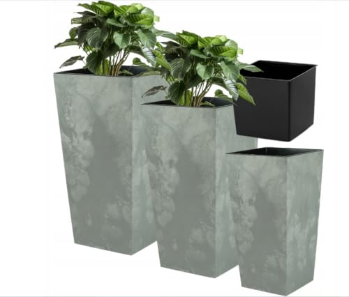 FEINZ Blumentopf Set 3 Größen 37/47/57 cm Grafit Rattanoptik | Mit Pflanzeinsatz, Recyclingkunststoff, Rattanoptik, für Innen und Außen, robust und wetterfest