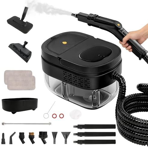 Limpiador a Vapor Portátil, 2500W Potente Limpiador a Vapor para el Hogar, 3 Velocidades Ajustables,17 Accesorios, Depósito de Agua de 1600 ml, Presión de 4 Bar, para Cocina, Ventanas, Pisos, Autos