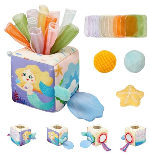 PLUSHCEWT Stoffgewebe-Spieltuchbox, Montessori Sensorik-Spielzeug mit Spiegel und bunten Tüchern für Babys ab 6 Monaten, frühes Lernspielzeug zur Sinnesförderung Jungen und Mädchen。