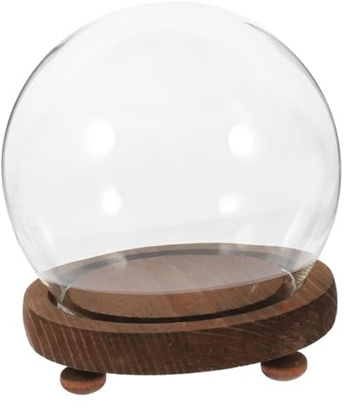 ARTIBETTER Cloche en Verre Sphérique Transparente 15 Cm avec Socle en Bois Vintage, Dôme Décoratif Anti-poussière pour Fleurs Conservées, Terrarium Micro-Paysage Décoration Maison et