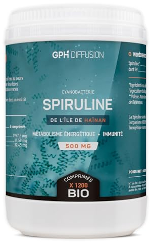 Spiruline Bio AB 500 mg -1200 comprimés - Riche en Protéines, Phycocyanine, Chlorophylle, Caroténoïde et Fer - GPH Entreprise Française