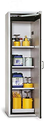 Gefahrstoffschrank aus Stahl, 596 mm x 1968 mm x 616 mm, grau, feuerbeständig, 90 min Brandschutz, hochwertige Materialien, Türanschlag rechts