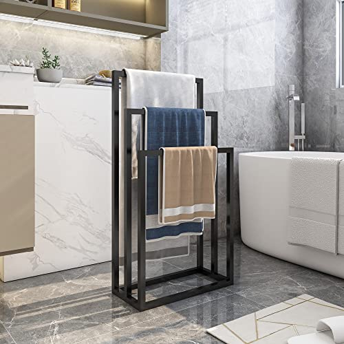 HOJINLINERO 3 Tier Freestanding Towel Rail Rack Stand,Metal Holder and Drying Bathroom Kitchen,Towel Ladder Towelsor Clothing,Bath Storage & Hand Towels,Washcloths, Black