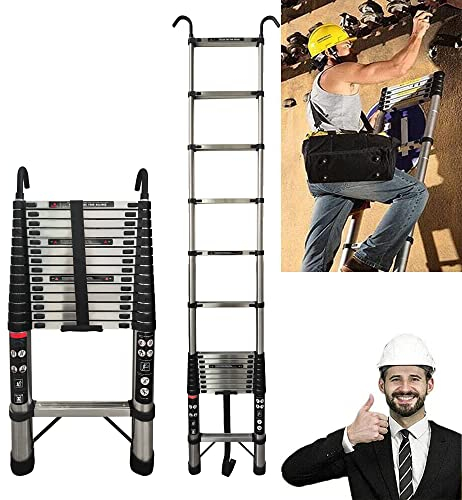 Teleskopleiter Edelstahl Leiter 5,m mit 2 Haken, Rutschfesten Ausziehbare Leiter Anlegeleiter Mehrzweckleiter, 150kg Tragkraft, EN131
