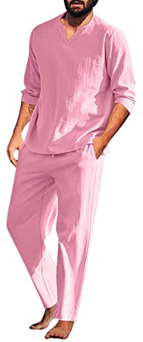 Beokeuioe Conjunto de pijama para hombre de algodón y lino, pijama de dos piezas, ropa de dormir, camiseta de manga larga y pantalones de salón con cuello en V, camiseta de manga larga retro, B Rosa