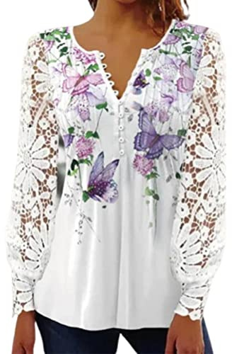 Onsoyours Chemisier Femme Sexy Chic Hauts À Manches Longues Dentelle Ample Tunique Blouse Elégante Mode Col V Shirts Tops Imprimé Automne Pullover
