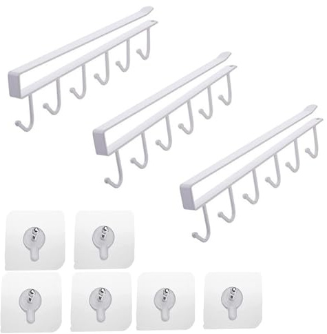 CANGCANG Tassenhalter, 3PCS Küchenschrank Organizer Schrankeinsatz Tassenhalter Haken Ohne Bohren 6 Haken, Tassen Aufhängung Tassenständer, Zum Aufhängen Von Tassen Kaffeetassen Mug Becher(Weiß)