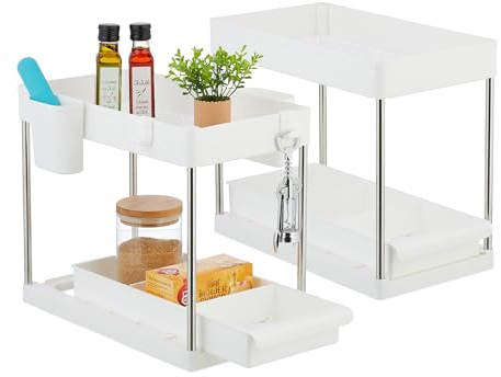 Relaxdays Juego Lavabo Estantes Bajo Fregadero, Set Baldas, Extraíbles, 4 Ganchos y 2 Contenedores C/U, 33x22x40 cm, Blanco, Acero Inoxidable