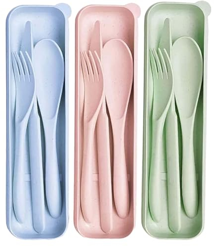 3PCS Travel Cutlery Set with Case,Cutlery Set Reusable Travel Cutlery Set with Case Camping Cutlery,Fork Knife Spoon, Reusable Tableware for Camping, School, Office Lunch(Pink,Blue and Green)