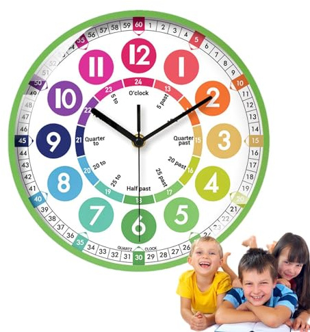 Reloj de aprendizaje para niños, 10.0 in, sin tictac, para aprender a decir la hora, silencioso, funciona con pilas, educativo, enseñanza del tiempo, reloj de pared para niños, colorido reloj de pared