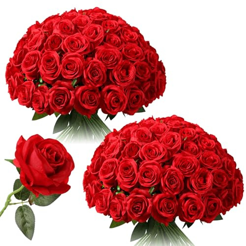 Tifuly 50pcs Red Roses in Bulk, Realistic Long Stem Fake Silk Roses Bouquet for Wedding Centerpiece Table Party Home Kitchen Decor