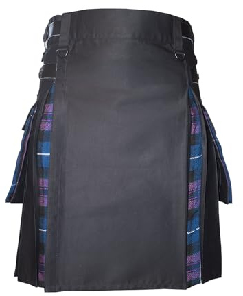 Modern Utility Kilts-Men's Scottish Hybrid Black Cotton & Acrylic Wool Tartan Utility Kilts with Leather Straps (Black & Pride of Scotland Tartan, 40)